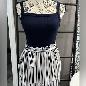 Navy & white striped long maxi dress
